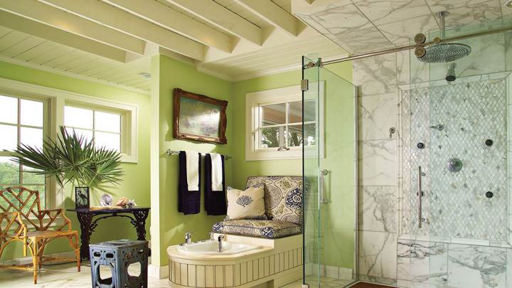 Wooden Chair And Seater With Pillow In Bathroom